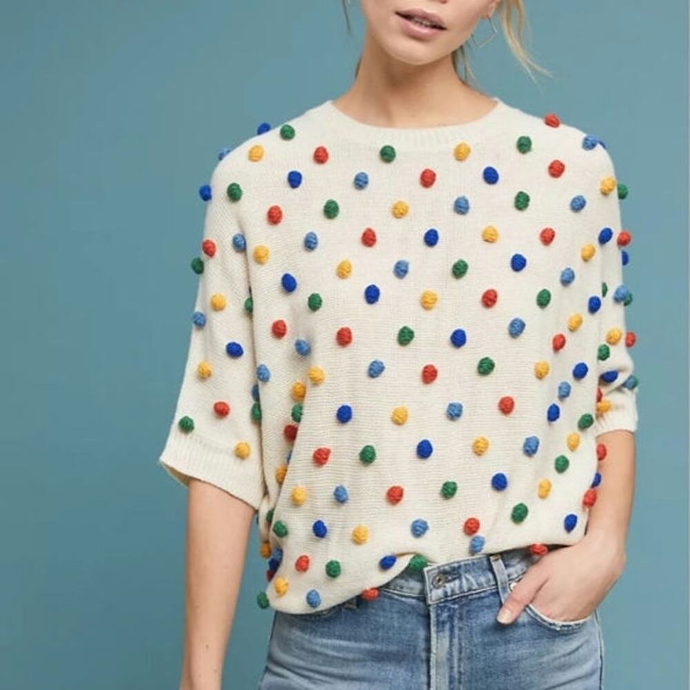 PEPALOVES Anthropologie Primary Pommed Sweater Dolman Short Sleeve Cream L